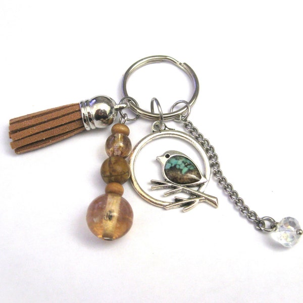Jeweled Key Rings - Bird - Glass, Crystal, Tassel, Bird Pendant Beaded Dangle Key Ring, Purse, Tote   3 1/4"   (KC13) NA