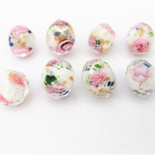 Jewelry Supplies ~  8 Glass Lampwork Beads   Pink Roses  Faceted   Set/8  -  size 10mm  (11B)