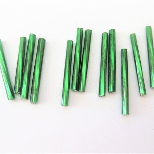 Jewelry Supplies ~  1" Green Glass Tube Bugle Beads   -  Per 12 or 25 Bags   (N16B)
