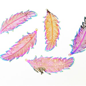 Jewelry Supplies - Rainbow Metal Feather Charms: Filigree Pendants   Set/5  -  #FP2