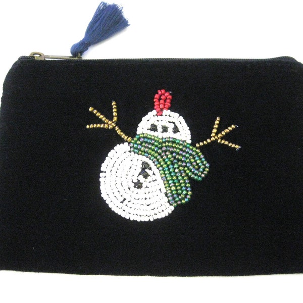 Vintage Purses ~  Black Clutch, Coin Purse  Velveteen - Colorful Beaded Snowman  -  NA