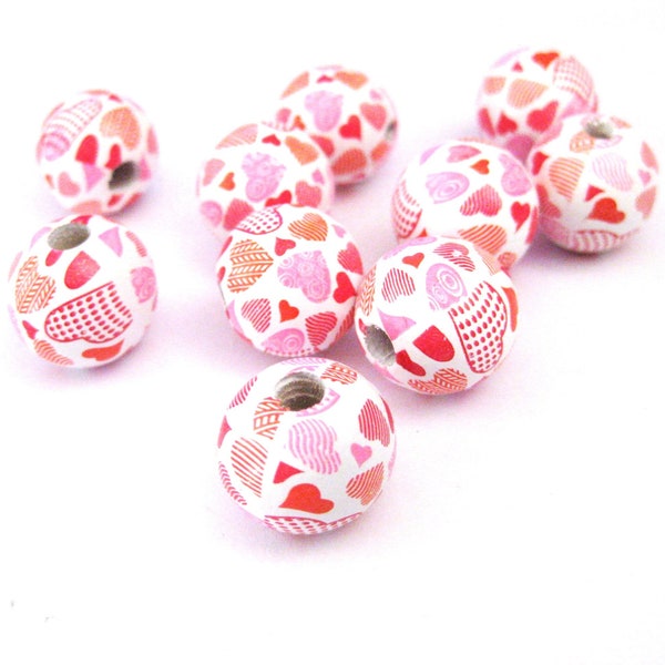 Jewelry Supplies ~  10 Wooden Beads  - Pink, Red Hearts  -  Valentine Set/10 - 16mm  (VAL-2)