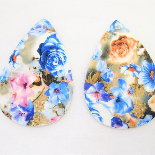 Jewelry Supplies ~ Earring Blanks  Blue Peach, White  Multi Floral  Vegan Leather Die Cut Large Teardrop  (G3A)