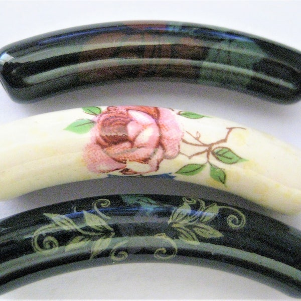 Jewelry Supplies ~   Porcelain Tube  Curved  Beads  Pendant  3pc    Ivory, Black  Rose Floral -  1 7/8"    (T7-N14B)