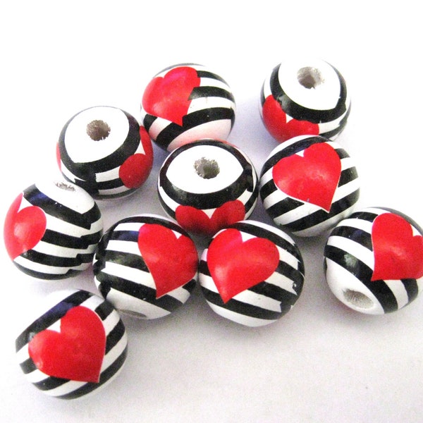 Jewelry Supplies ~  10 Wooden Beads  - Red Heart, Black Stripes -  Valentine Set/10 - 16mm  (VAL-1)