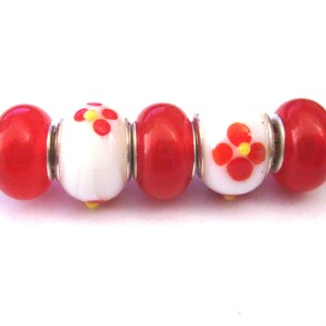Jewelry Supplies ~  Resin/Glass Spacer Beads   Set/5  Large Hole   14x10mm  Red, White  &#39;Red Florals&#39;