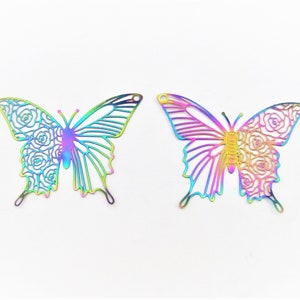 Jewelry Supplies -  Rainbow Butterfly Filigree Charms Pendants Stainless Steel Metal   - 1 3/4&quot;  - Set/2   (N11C)