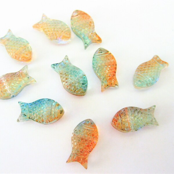 Jewelry Supplies ~  10 Glass Beads Fish  Blue Orange   5/8"  Loose  Set/10  (FSH2/N9B)