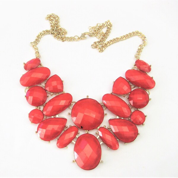 Jewelry Supplies ~  Bib Component Necklace  for parts, recycle  Bold  Large  Gold-tone  Red  Acrylic    (G-8C)
