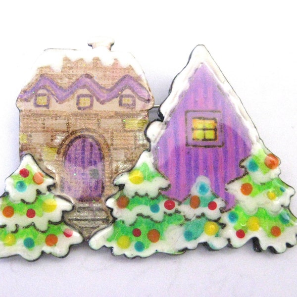 Vintage Jewelry -   Winter House  Pin Brooch Decorated Trees  Christmas Holiday    (SDP-12B)