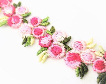 Craft Supplies ~   Pink Flower Ribbon Trim Green Leaves Garland - Multiple Lengths  (T8-WBD)