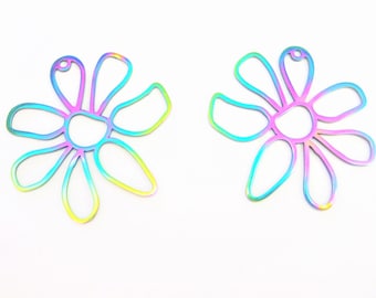 Jewelry Supplies - 1 Flower Pendant Rainbow Stainless Steel, Ion Plated Metal   Per/1 pc  - 35mm - #SSF (11C)