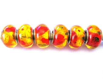 Jewelry Supplies ~  Resin Spacer Beads   Set/6  Large Hole   14x10mm  Fall   'Autumn Flowers'