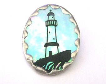 Vintage Jewelry ~ Glass Laser-Etched Brooch Pin   Lighthouse  Blue, Black   (6A)