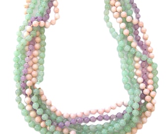 Vintage Jewelry ~  Glass Bead Choker Necklace - Multiple Strands  Pastel  Green, Pink, Purple   18&quot;   JR