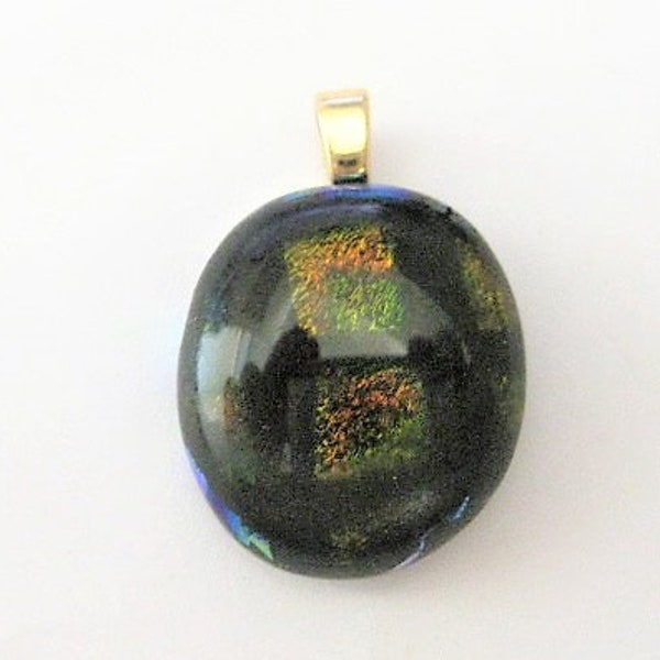 Jewelry Supplies ~   Dichroic Glass Pendant  Black Green Blue Rust   Foil  Oval - Petite!   (G-1B)