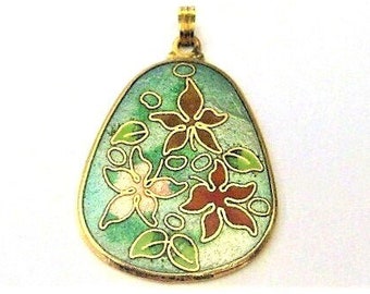 Jewelry Supplies ~ Pendant  Floral  Cloisonne Aqua   Vintage   1 7/8"   (G-1C)