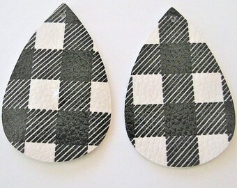 Jewelry Supplies ~  Earring Blanks  Black  White   Buffalo Plaid   Vegan Leather  Die Cut   Large Teardrop   (N6B)