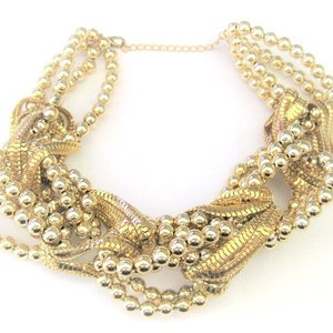 Vintage Jewelry ~ Cluster Beaded Necklace  Gold-tone Metal and Beads  Chunky Large Bold   Vintage  (GP1)