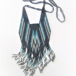 Vintage Jewelry ~  Handmade Necklace  Long Glass Seed Bead   Fringe  Blue, Navy, Silver, Gray, White   Stunning!  1980&#39;s   (N8C)