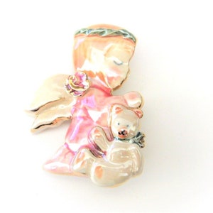 Vintage Jewelry ~  Sweet Ceramic Angel  w/ Teddy Bear  Kneeling Praying  Brooch Pin -   2 3/8" long   (N6A)