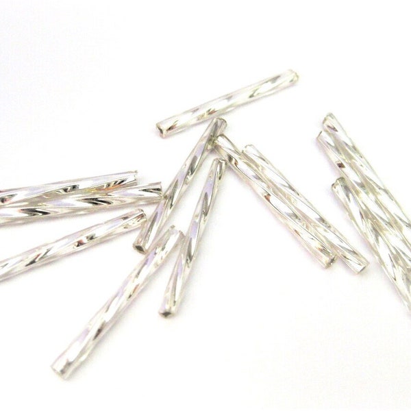 Jewelry Supplies ~  1" Glass Silver Twisted Bugle Tube Beads  Silver -   Per 12 or  25  Bag  (N7A)