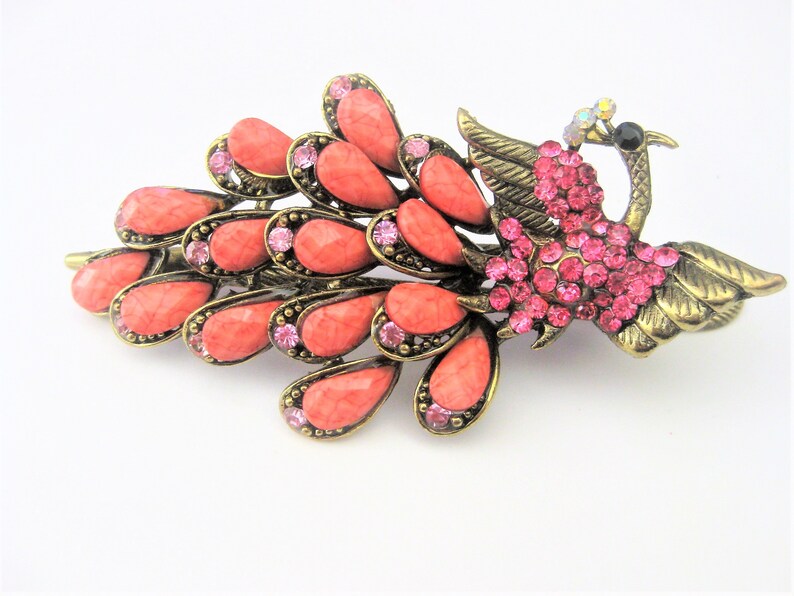 GP1 Rhinestones Vintage Large Vintage Accessories ~ Peacock Hair Clip Clamp Coral Pink Acrylic Beads
