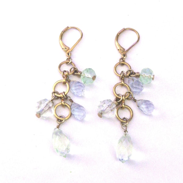 Vintage Jewelry ~  Pastel Blue, Green Bead Long Dangle Earrings - Acrylic Drop  Pierced   1990's   2 3/4"  - NA