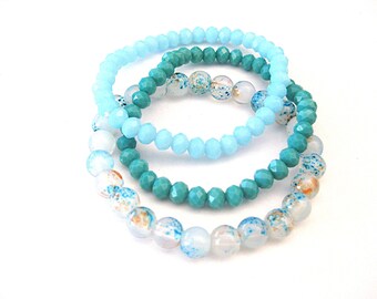 BeachViewAttic Jewelry - 3 Glass Bead Bracelet Set  Stretchy -   Colors:  Lagoon Bliss