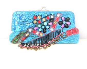 Vintage Purses ~  Beaded Clutch Purse Handbag  Turquoise Blue  Dyed MOP   Tiger Eye Beads  by  LAPIS  w/Tag  (WBL)