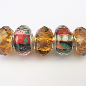 Jewelry Supplies ~  Glass & Resin  Lampwork Spacer Beads  Set/5  -  14x10mm  - Red, Green, Golden  -  &#39; Christmas Glow &#39;