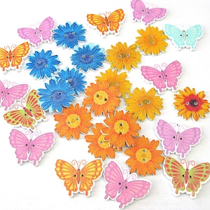 Craft Supplies ~  28  Flower Butterfly Buttons Lot - Wooden Colorful  Sewing  Craft projects  -  #NA57