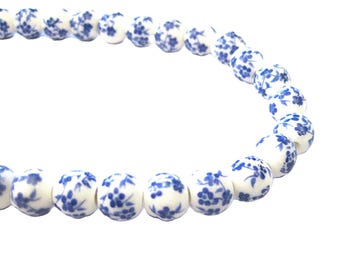 Jewelry Supplies ~  40 Porcelain White Blue Beads - Flowers -  8mm  - 1 Strand   #BW2