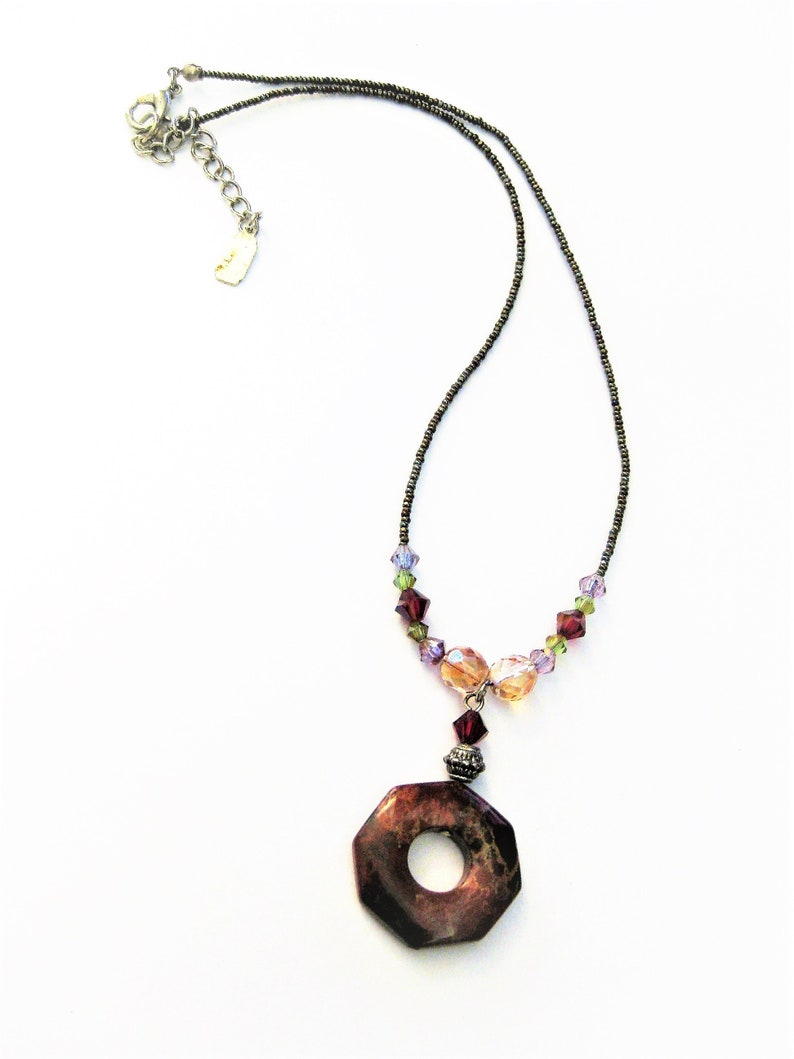 Vintage Jewelry Agate Crystal Pendant Choker Necklace Honey, Raspberry, Purple N5C image 2
