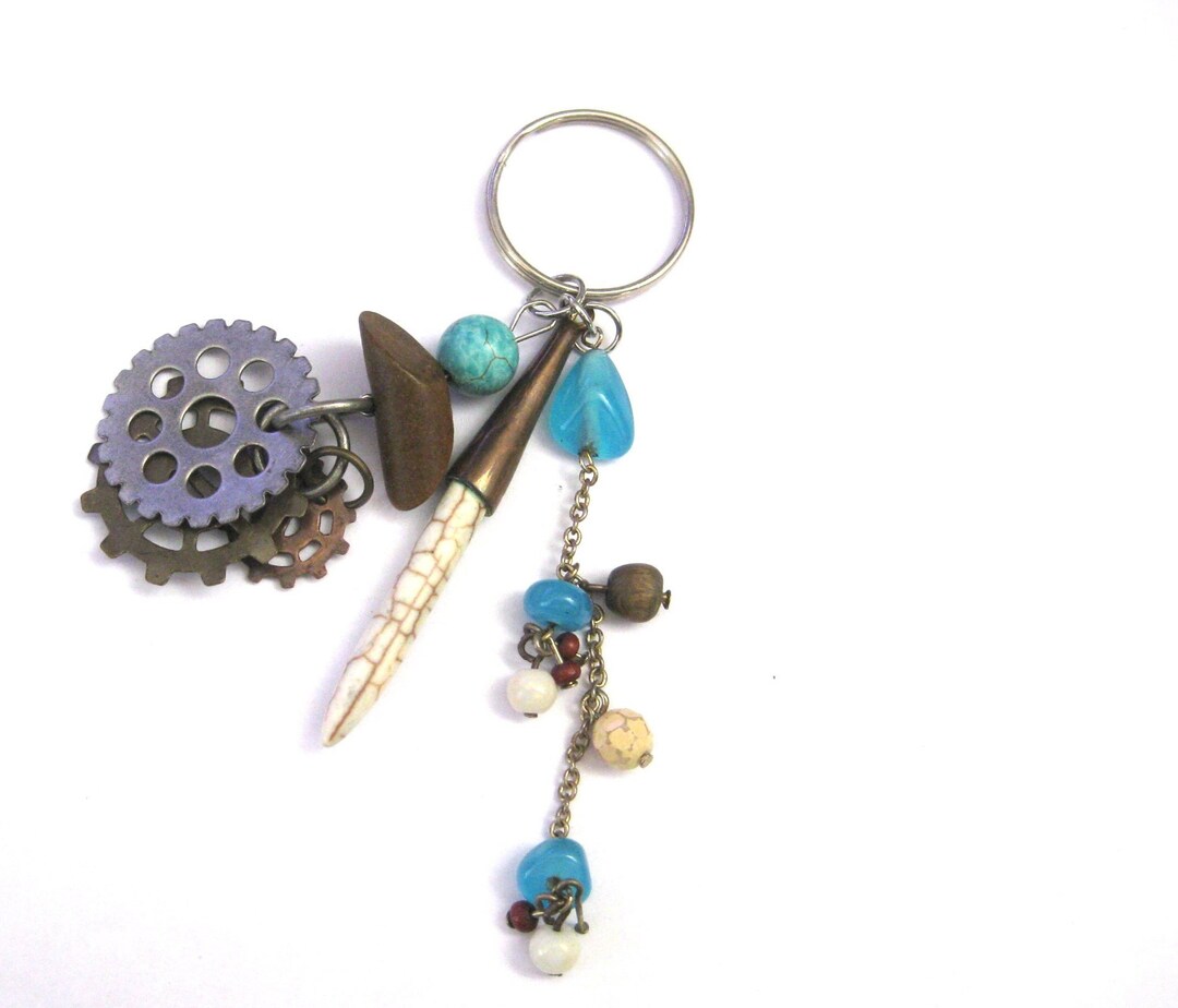 Jeweled Key Rings - Steampunk Turquoise, Brown, Bronze Beaded Dangle ...