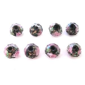 Jewelry Supplies ~  8 Glass Lampwork Beads  Black w/Pink  Roses  Faceted   Set/8  - 10mm  Grp:BLR  (15B)