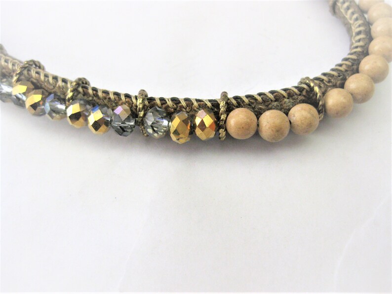 Vintage Jewelry Choker Gold-tone Cord, Crystals, Wood Beads Brown, Blue Necklace G-9A image 2