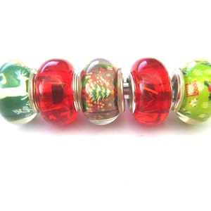 Jewelry Supplies ~  5 Resin Spacer Beads Large Hole   14x10mm -   Red, Christmas  -  Set/5