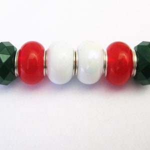 Jewelry Supplies ~  Resin Spacer Beads  Set/6  Large Hole   14x10mm  -  Red, Dark Green, White  -  &#39;Mistletoe&#39;