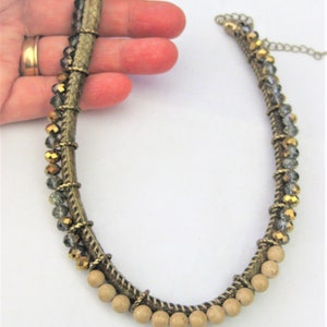 Vintage Jewelry Choker Gold-tone Cord, Crystals, Wood Beads Brown, Blue Necklace G-9A image 5