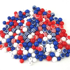 Jewelry Supplies ~  Acrylic Bead Lot  - Red, White, Blue  -  Solids, Stripes  198pc  -  #JR19