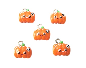 Jewelry Supplies ~ 5 Pumpkin Charms  Jack O'Lanterns  Cute  Resin - Set/5    Small   1/2" long  #CPC