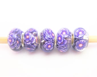 Jewelry Supplies ~  Resin Spacer Beads   Set/5  Large Hole   14x10mm  Purple Flowers -  'Hyacinth'