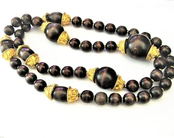 Vintage Jewelry ~ Long Necklace  Wooden Beads Gold-tone Ornate Spacers  Chunky  38"  (RB)