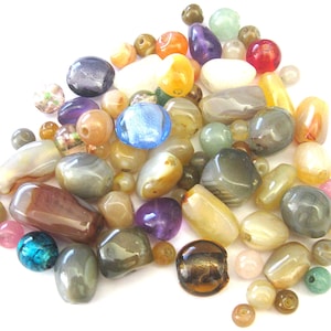 Vintage Supplies ~  4.5oz Gemstone Beads Mix Assortment - Vintage Stones, Jade, Agate, Quartz Bead Soup Lot    #JR-34