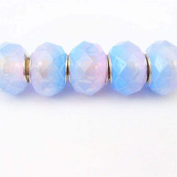 Jewelry Supplies ~  11 Glass Lamp work Spacer Beads   Set/11  -  14x10mm  - Blue, Pink  - 'Sky'