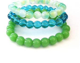 BeachViewAttic Jewelry - 3 Glass Bead Bracelet Set  Stretchy -   Colors:  Lagoon