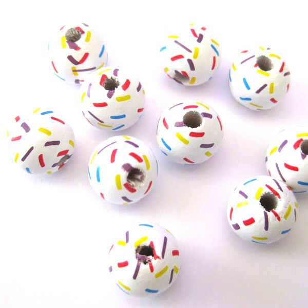 Jewelry Supplies ~  10 Wooden Beads  -White, Speckles  -  Set/10  -  16mm   (N15C)