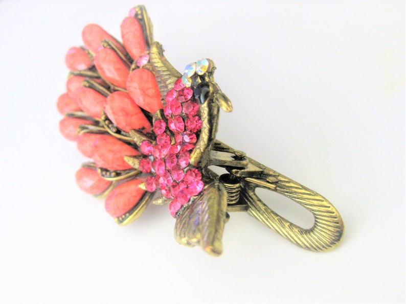 GP1 Rhinestones Vintage Large Vintage Accessories ~ Peacock Hair Clip Clamp Coral Pink Acrylic Beads