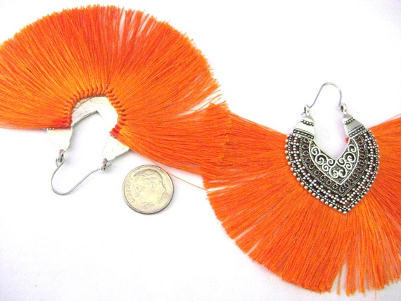 Vintage Jewelry ~  Orange Tassel Fan Earrings  Pi… - image 4